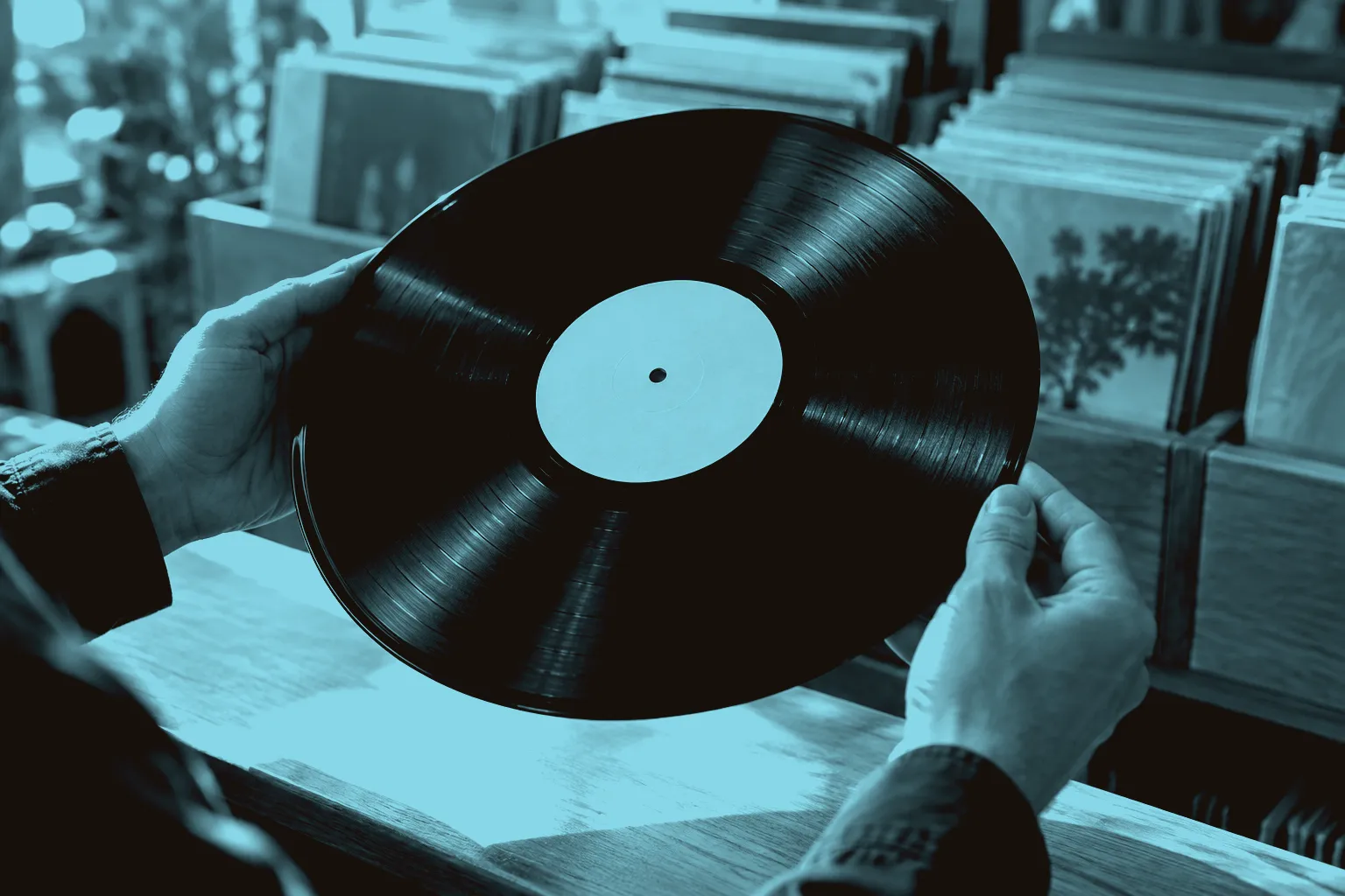 Hands hold a vinyl record by its edges toward the light above a wooden record-shop counter.
