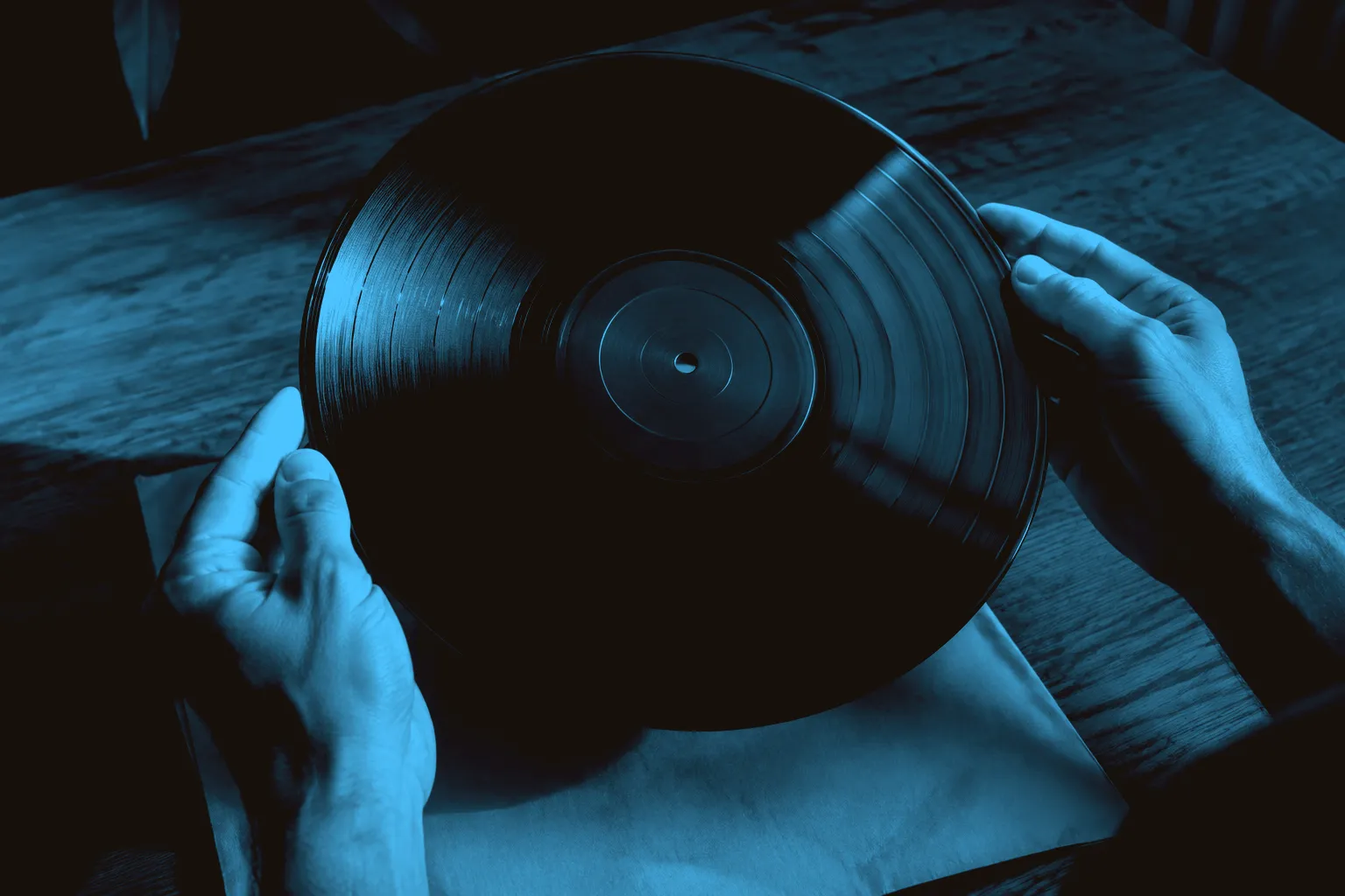 Hands holding a vinyl record by its edges for inspection.