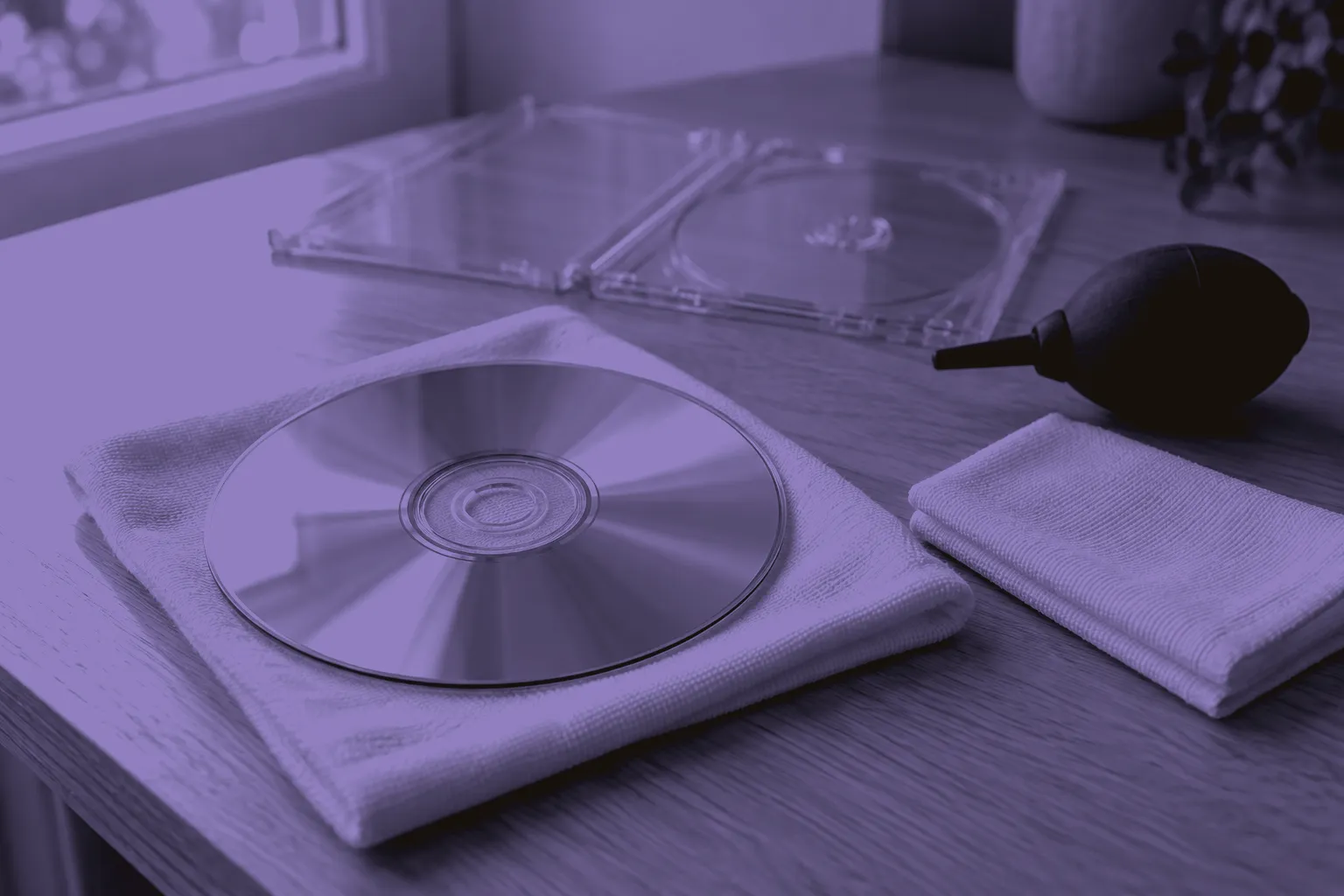 A CD lies shiny side up on a folded cotton cloth, beside an air-blower bulb, a second cloth and an open empty jewel case.