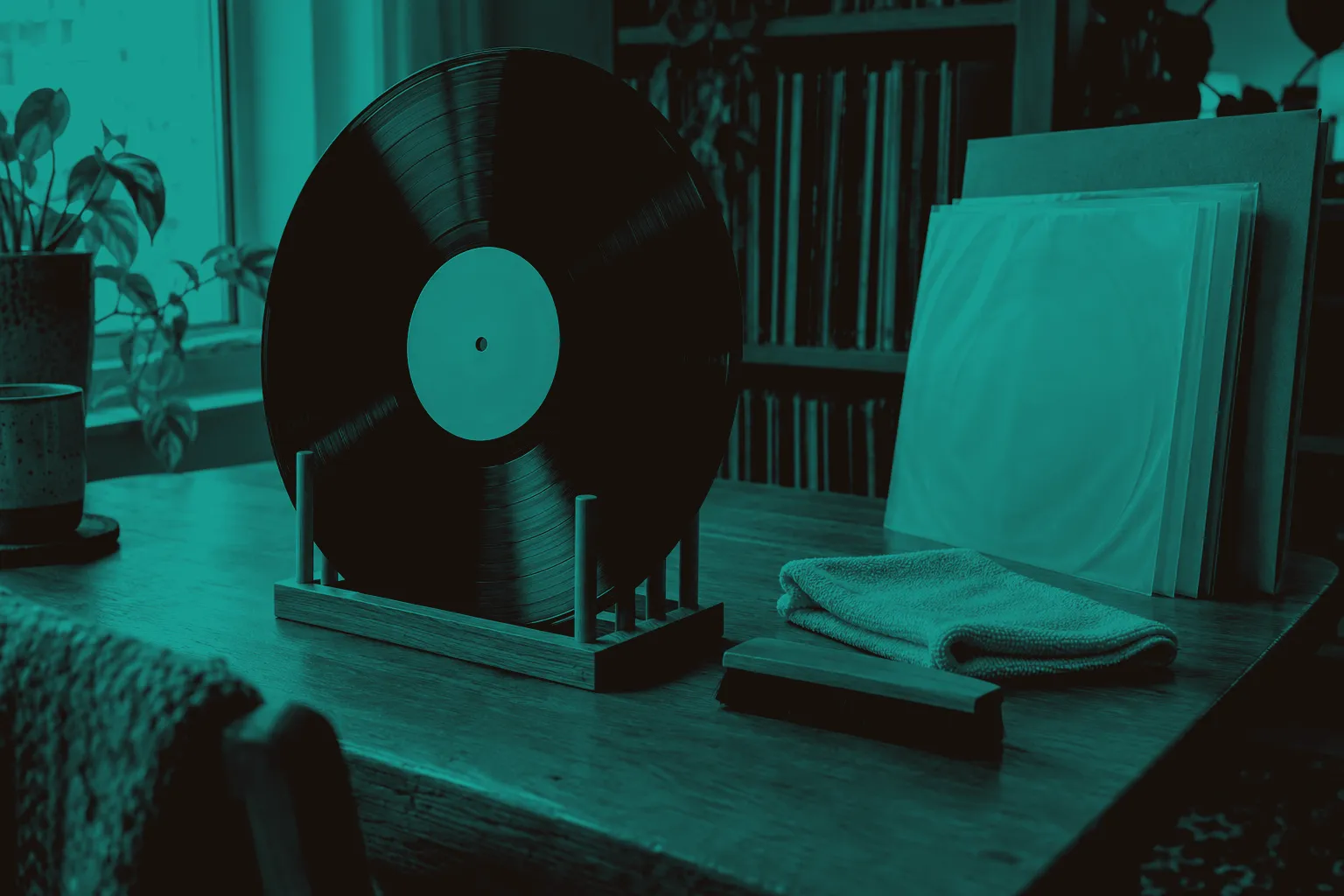 A vinyl record stands in a drying rack beside a cleaning brush, a folded microfibre cloth and fresh inner sleeves.