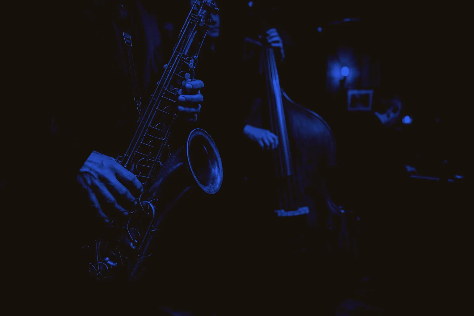 A saxophonist performing with double bass and piano in an intimate jazz club.