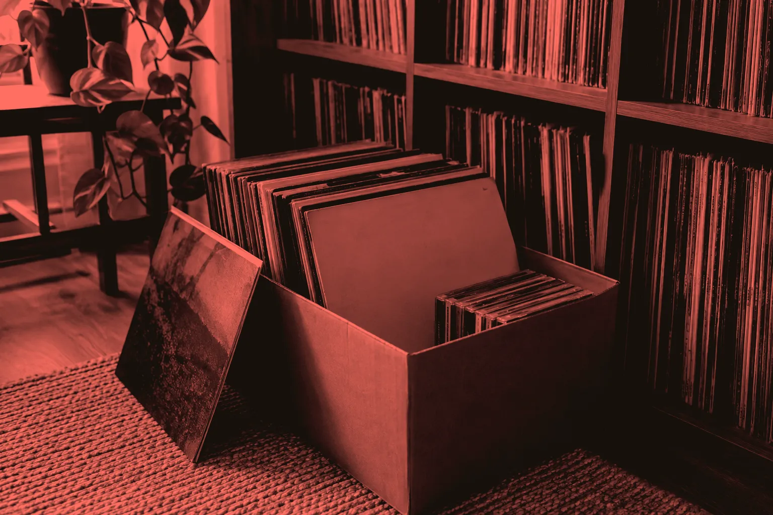 A box of records and CDs beside a home collection shelf.