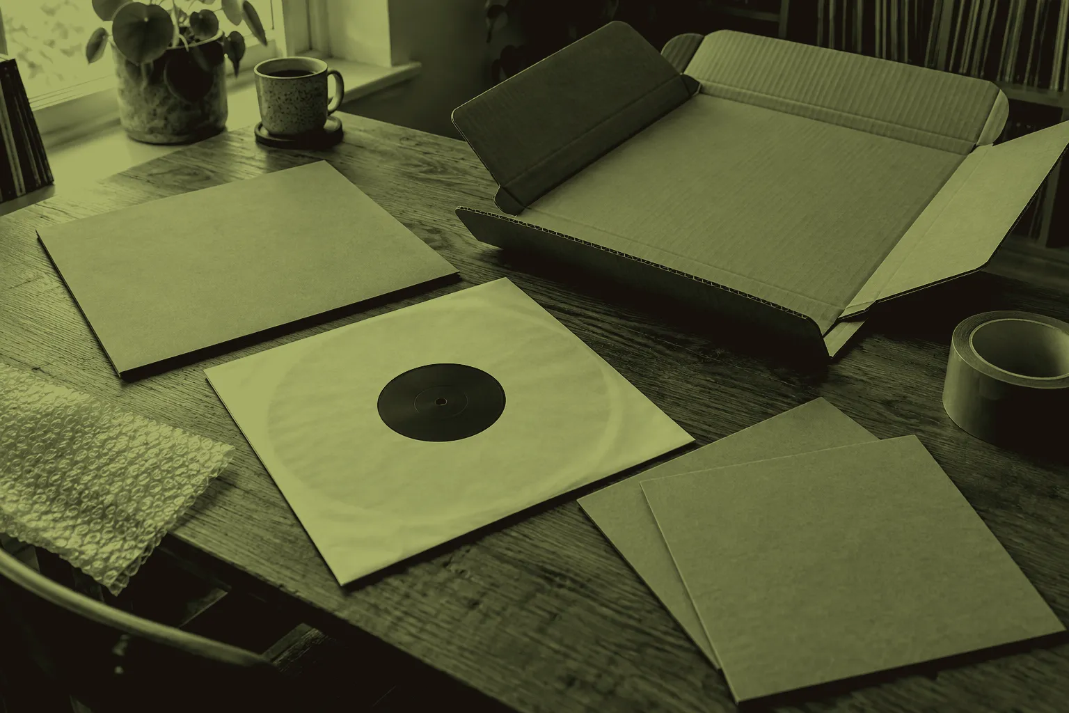 A record in a paper inner sleeve lies beside its jacket, an open cardboard mailer, stiffeners, bubble wrap and packing tape.