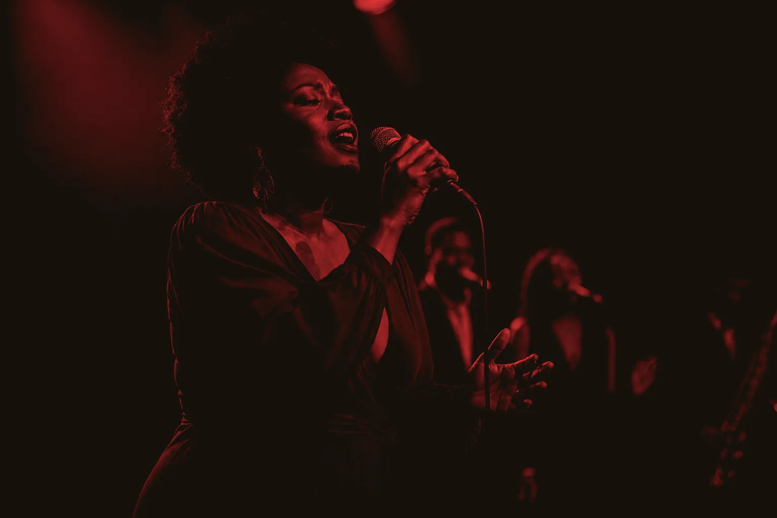 A soul singer performing with backing vocalists and a horn player under warm stage lights.