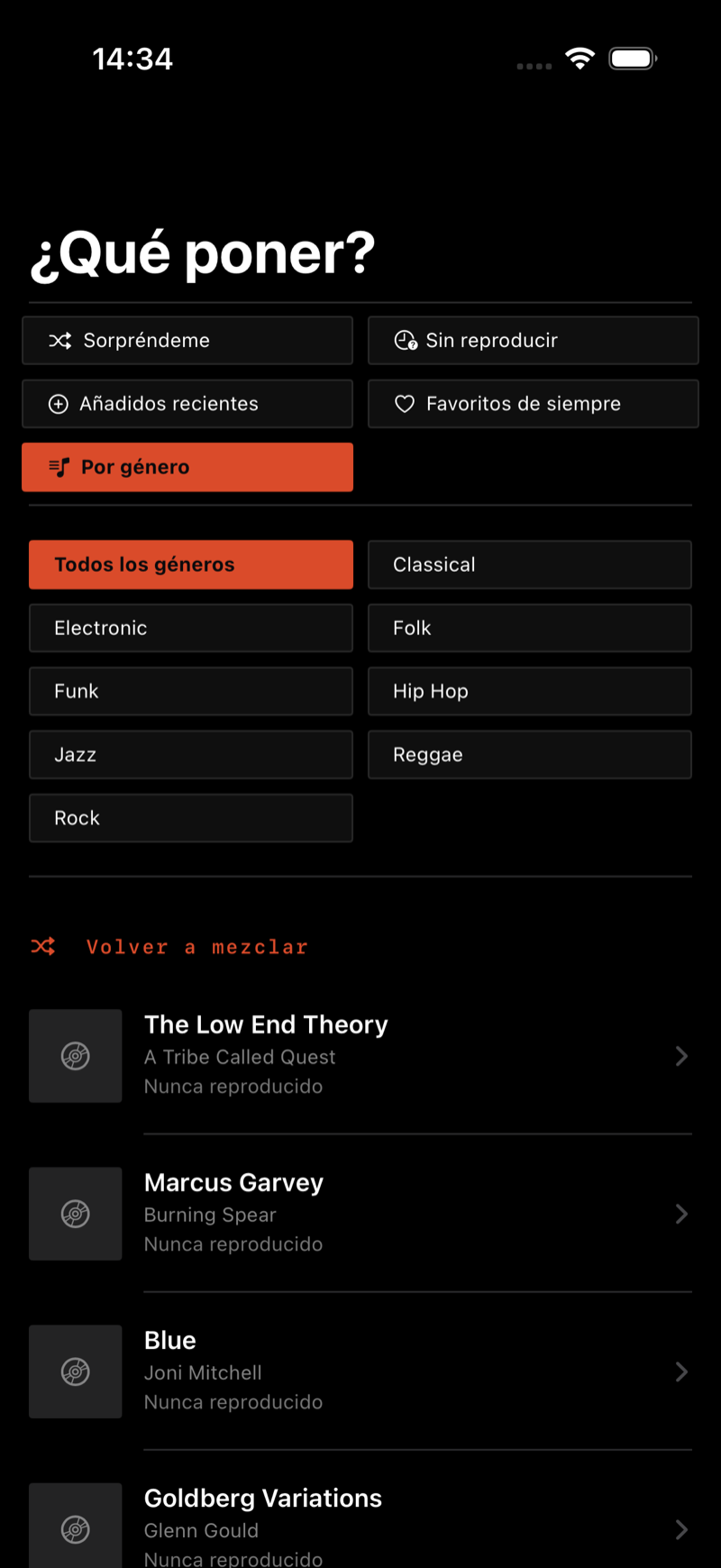 Record by Record en iPhone — la pantalla de siguiente escucha sugiriendo un disco de tu propia estantería